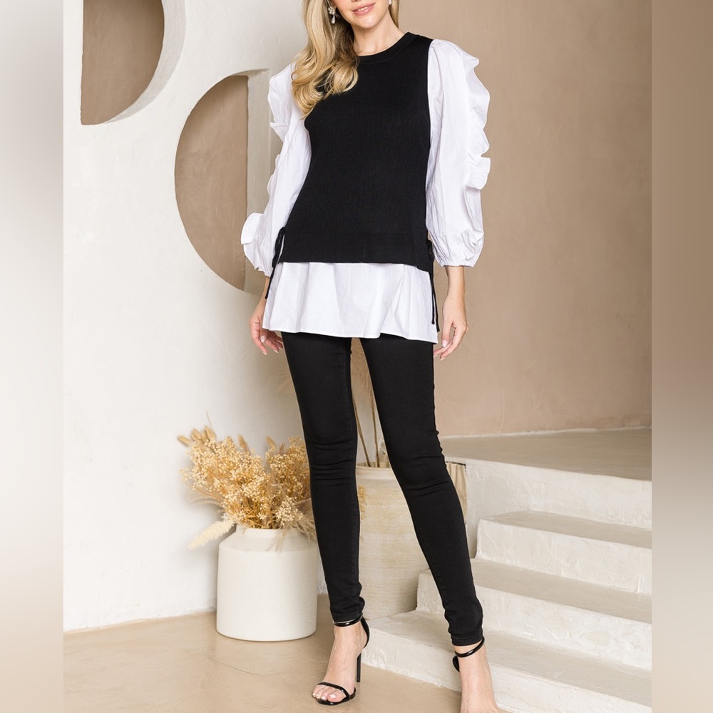 Black & White Blouse with Puff Sleeves & Detachable Knitted Sweater Vest